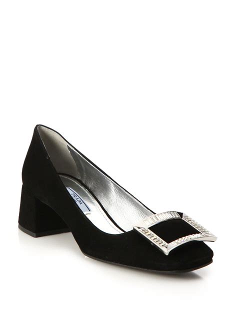 prada black suede block heel pump|prada high heels.